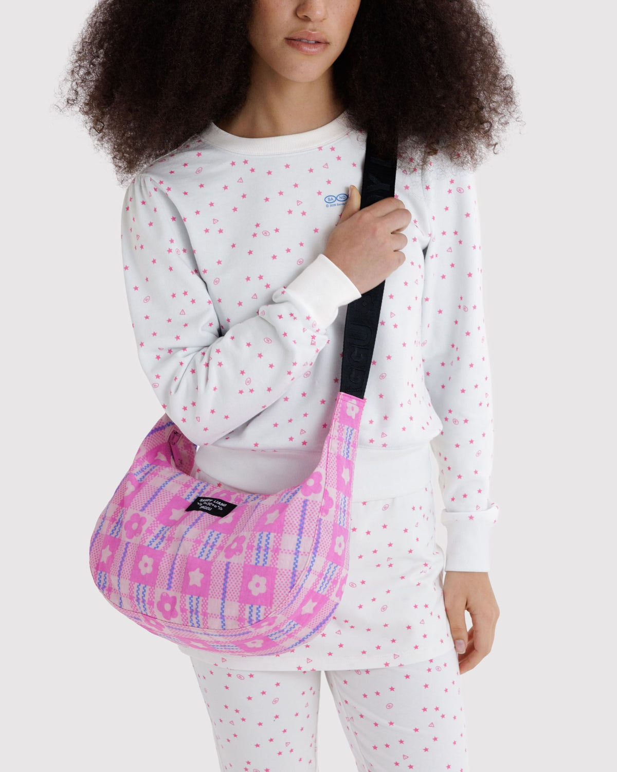 Medium Nylon Crescent Bag - Market Plaid Pink