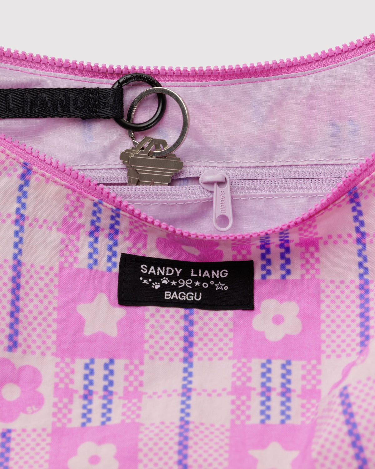 Medium Nylon Crescent Bag - Market Plaid Pink