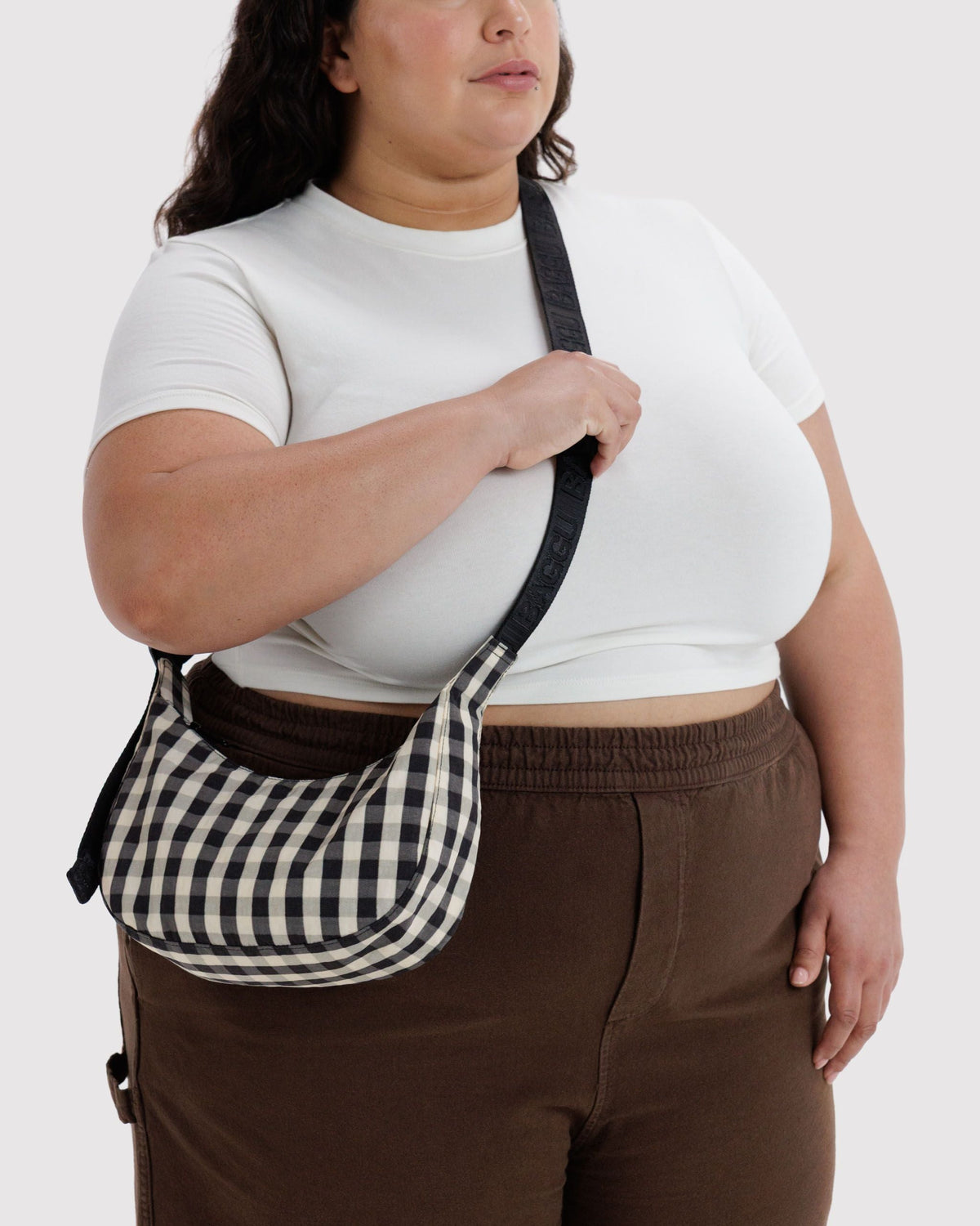 Small Nylon Crescent Bag - Black and Cream Gingham